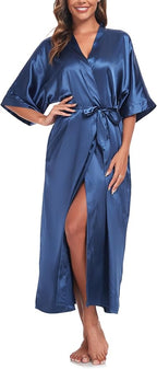 Womens Long Silky Robe Satin Kimono Robes Silk Bathrobe for Wedding Party Full Length Dressing Gown