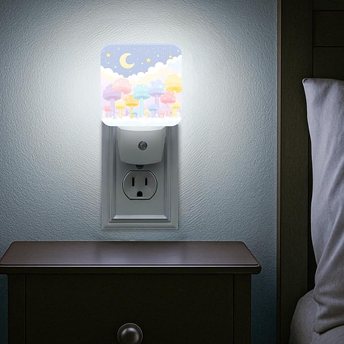 Mushroom Night Lights Plug Into Wall, Fanciful Playful Moon Stars Spring Pastel Peach Plug in Night Light with Dusk to Dawn Sensor for Guest Room Basement Office Decor 2pcs