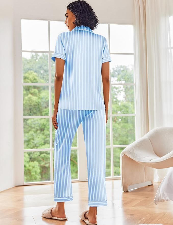 Ekouaer Satin Pajamas Set Women Short Sleeve Sleepwear Soft Button Down Loungewear Pjs Set