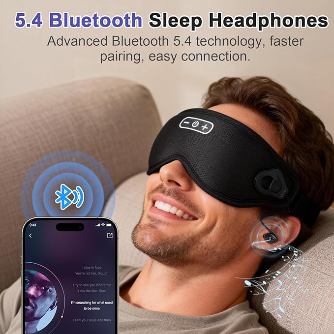Sleep Headphones Wireless Bluetooth 5.4, 100% Blackout Sleep Mask with Bluetooth Headphones with HiFi Stereo in-Ear Earbuds, 3D Weighted Eye Mask for Sleeping Travel Meditation Men Women