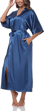 Women's Silk Robes Soft Long Satin Kimono Bathrobe Bride Bridesmaid Wedding Party Robes Sexy Sleepwear with Pockets