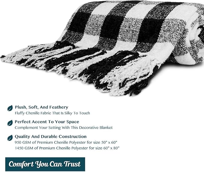 PAVILIA Plaid Chenille Blanket for Twin Size Bed, Soft Black and White Buffalo Plaid Checkered with Tassel Fringe, Woven Knitted Decorative Blanket for Sofa Couch Living Room Decor, Twin 60x80