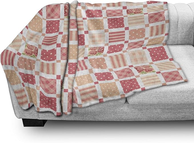 Lunarable Dusty Rose Throw Blanket, Patchwork Inspired with Different Patterned Squares Shabby Form Style, Flannel Fleece Accent Piece Soft Couch Cover for Adults, 70" x 90", Salmon Dark Coral