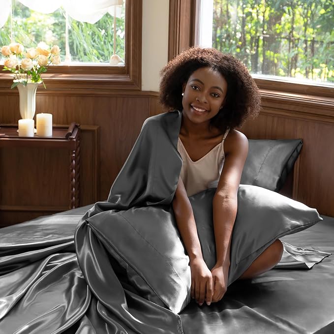 CozyLux Satin Sheets Full Size Sheets - 4 Piece Silky Full Size Bed Sheets, Luxury Dark Grey Full Bed Set with Smooth and Soft Microfiber, Includes 1 Fitted Sheet, 1 Flat Sheet and 2 Pillowcases