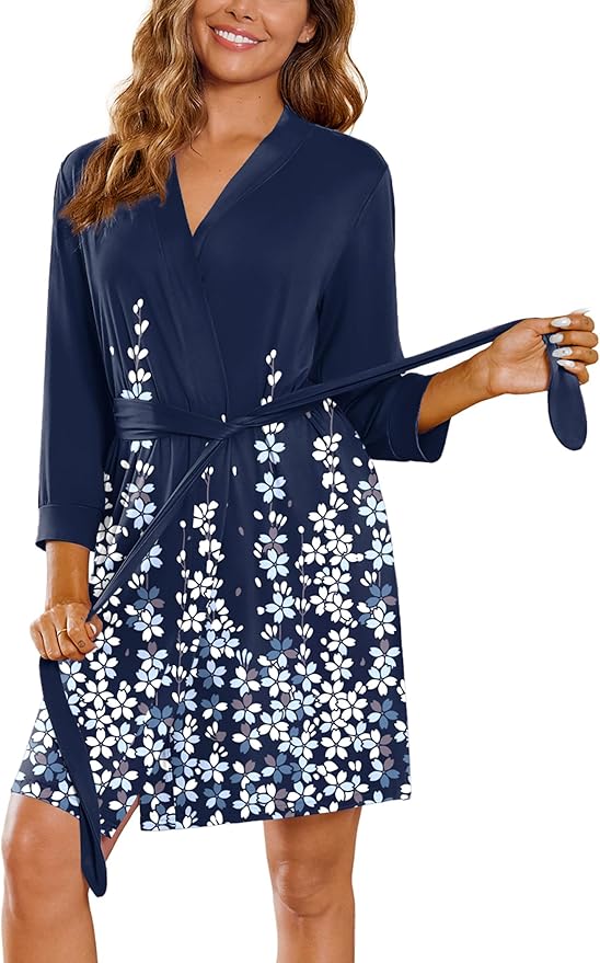 Ekouaer Women‘s Robes Lightweight 3/4 Sleeve Short Knit Bathrobe Soft Knee Length Sleepwear Robes with Pockets S-XXL