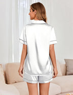 Ekouaer Womens Satin Silk Pajamas Set Short Sleeve Sleepwear Button Down Top and Shorts Loungewear 2 Piece Pjs Set S-XXL