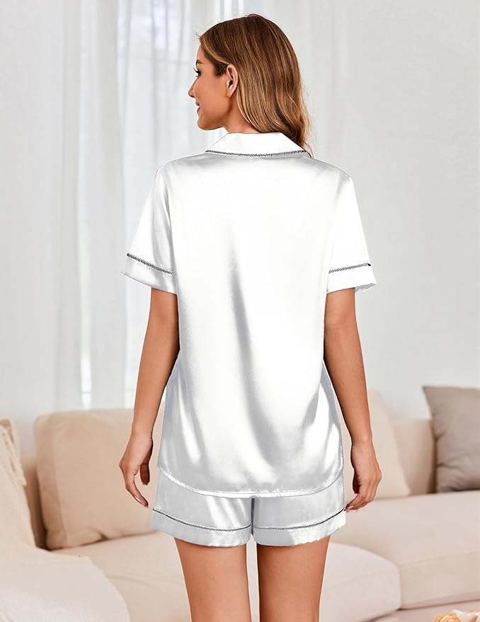Ekouaer Womens Satin Silk Pajamas Set Short Sleeve Sleepwear Button Down Top and Shorts Loungewear 2 Piece Pjs Set S-XXL