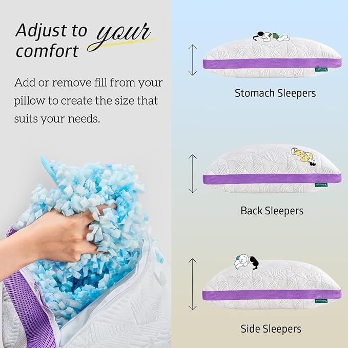 BETU Cooling Standard Pillow, Shredded Memory Foam Cool Pillow for Hot Sleepers, Adjustable Gel Firm Soft Support Bed Pillows Perfect for Neck Pain and Side Sleeping with Pillows Case Cover, Purple