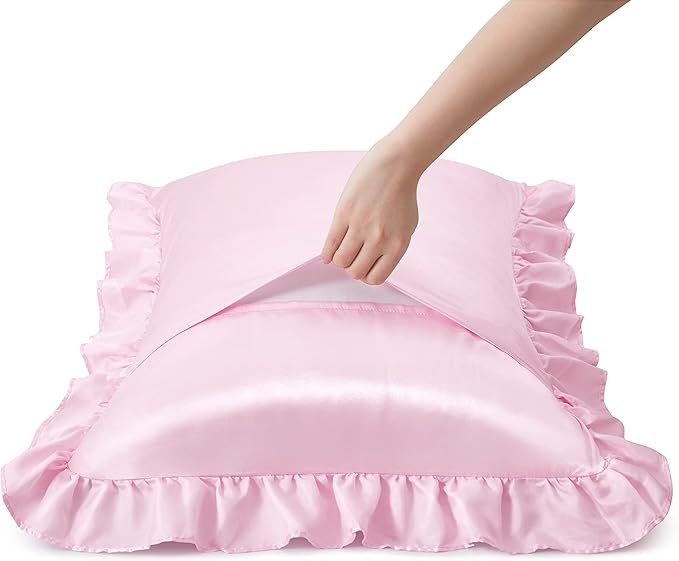 Silky Satin Ruffled Pillow Cases for Hair and Skin,Pink Silk Pillowcases King Set of 2 with Envelope Closure Princess Room Decoration