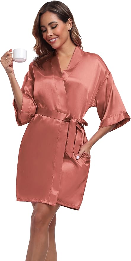 Women's Short Satin Robes Silky Bathrobe Bridesmaid Sleepwear for Wedding Party Getting Ready Solid Color