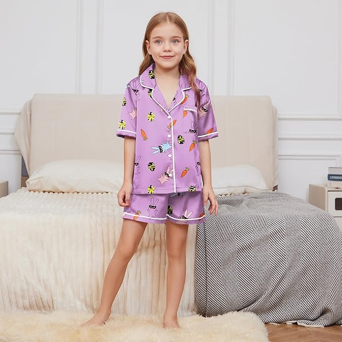 QPANCY Kids Satin Pajamas Sets Baby Boy Girl Button-Down Silk Sleepwear 2 Piece Short Sleeve Loungewear Clothes Set