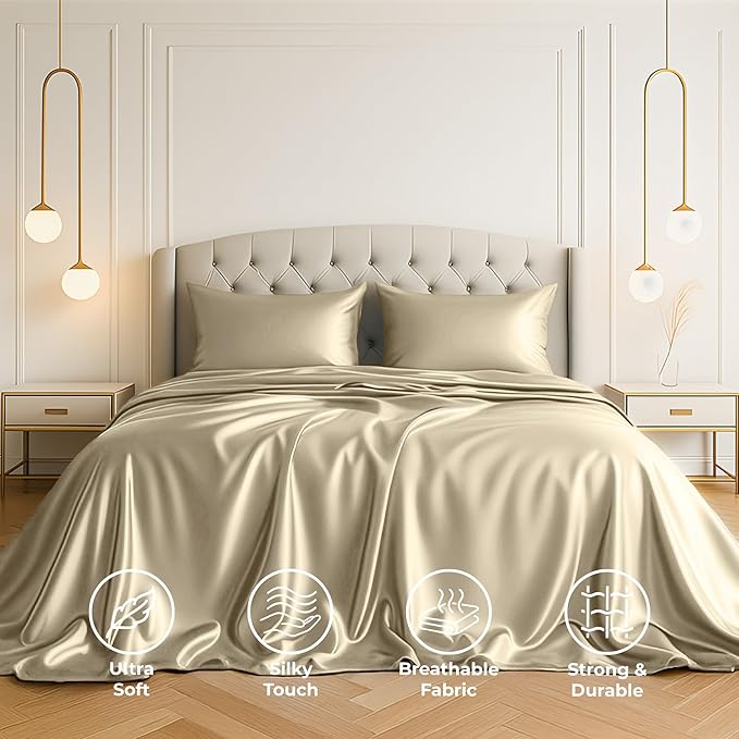 Satin Sheets King [4-Piece, Champagne Gold] Hotel Luxury Silky Bed Sheets - Extra Soft 1800 Microfiber Sheet Set, Wrinkle, Fade, Stain Resistant - Deep Pocket Fitted Sheet, Flat Sheet, Pillow Cases