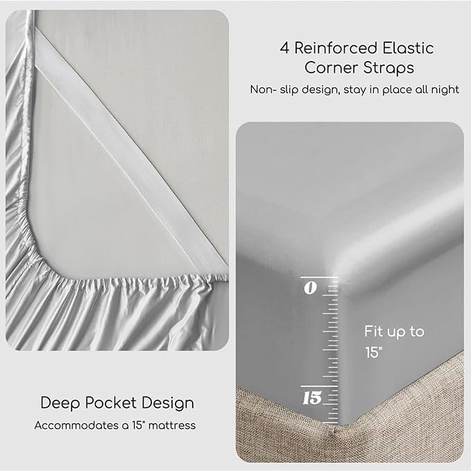 MR&HM Satin Bed Sheets, King Size Sheets Set, 6 Pcs Silky Bedding Set with 15 Inches Deep Pocket for Mattress (King, Silver Grey)