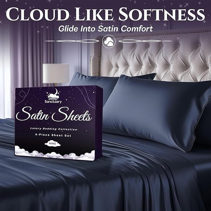 SLEEP SANCTUARY Satin Sheets Queen Size – 4 Piece Luxury Silky Bed Set, Softer Than Silk, 15" Deep Pocket, Cooling & Wrinkle-Free, Moisture-Wicking & Breathable for Hair & Skin (Navy Blue)