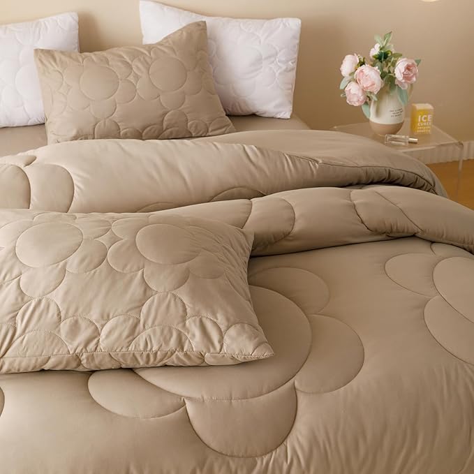 Luxlovery Cream Coffee Comforter Set Full Khaki Sunflower Bedding Comforter Mocha Coffee Bedding Comforter Set Floral Boho Farmhouse Quilted Soft Breathable Bedding Set Full Size