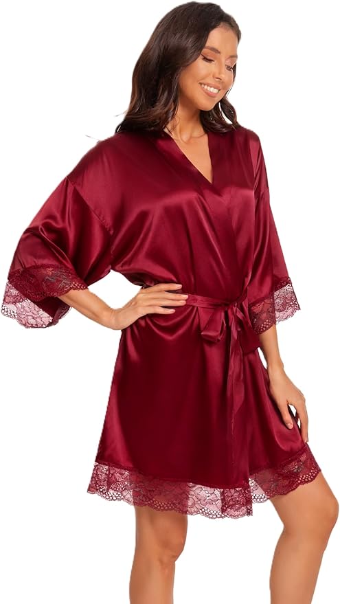 Kihnop Women's Satin Robe Silk Robe Lace Bridal Robes for Bride Bridesmaid Robes Silky Bathrobe Getting Ready Sleepwear