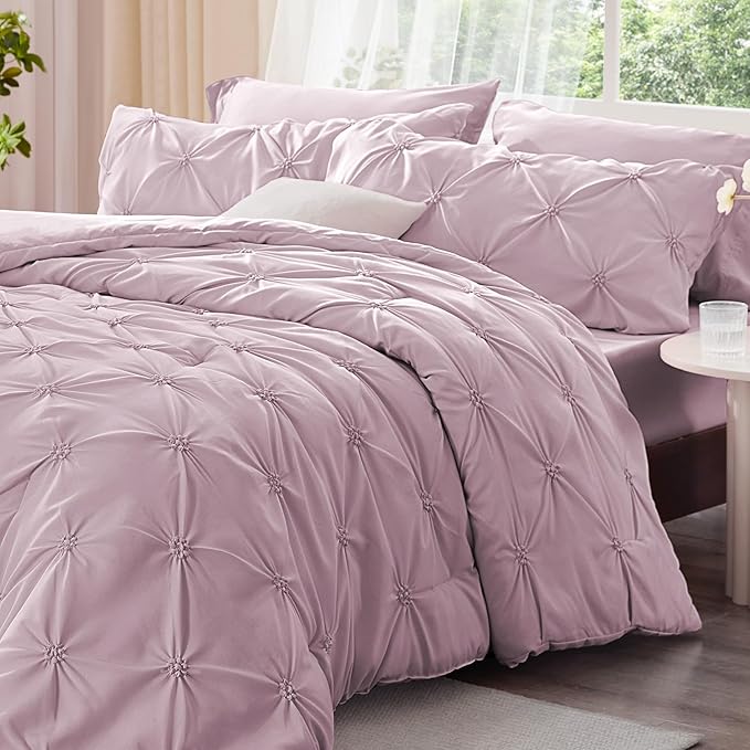 BEDELITE Light Purple Comforter Set Full - 3 Peices Boho Pintuck Bedding Comforter Sets, Lightweight Soft & Warm Twin Bedding Sets with 2 Pillowcase for All Season