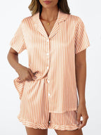 LILLUSORY Womens Satin Silk Pajamas Set 2 Piece Ruffle Pjs Winter Matching Lounge Sleepwear Button Down Striped Shirt Shorts