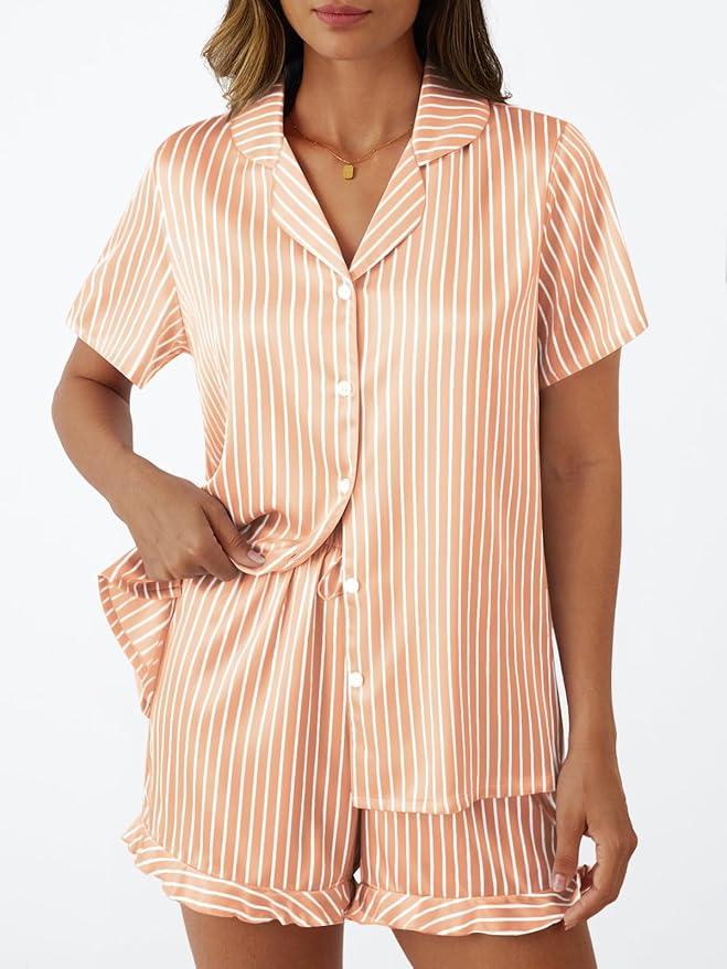 LILLUSORY Womens Satin Silk Pajamas Set 2 Piece Ruffle Pjs Winter Matching Lounge Sleepwear Button Down Striped Shirt Shorts
