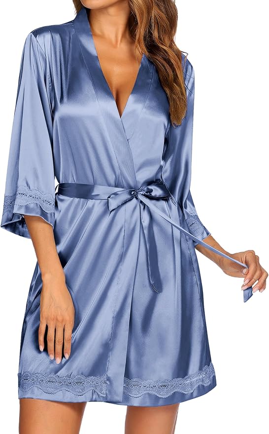 Ekouaer Women's Lace-Trim Silk Robes Bride Bridesmaid Kimono Satin Bathrobe V Neck Sleepwear with 3/4 Sleeve
