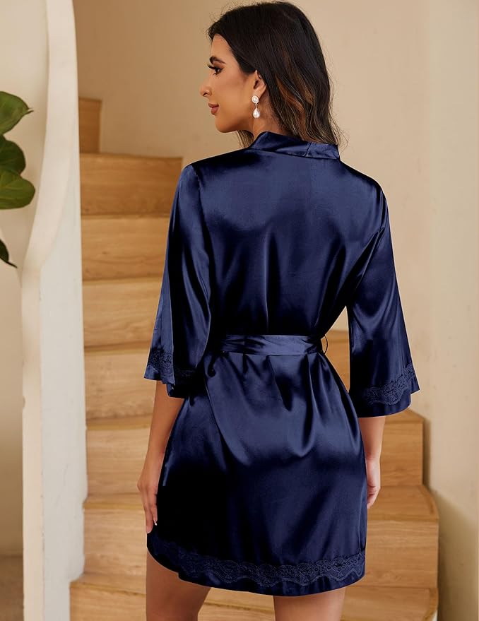 Ekouaer Women's Lace-Trim Silk Robes Bride Bridesmaid Kimono Satin Bathrobe V Neck Sleepwear with 3/4 Sleeve