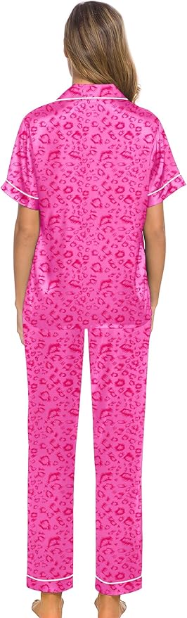 SWOMOG Women Satin Pajamas Set Short Sleeve Top & Pants Sleepwear Silky Button Down Nightwear 2pcs Loungewear Pjs Set