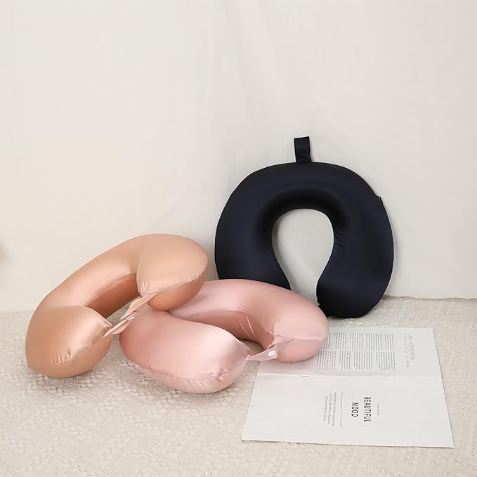 ROSEWARD 100% Mulberry Silk Neck Pillow for Travel 22 Momme Real Silk Travel Pillow for Pain Relief Sleeping, Silk Airplane Pillow, Anti Wrinkle Travel Pillow Made in USA (Blush)