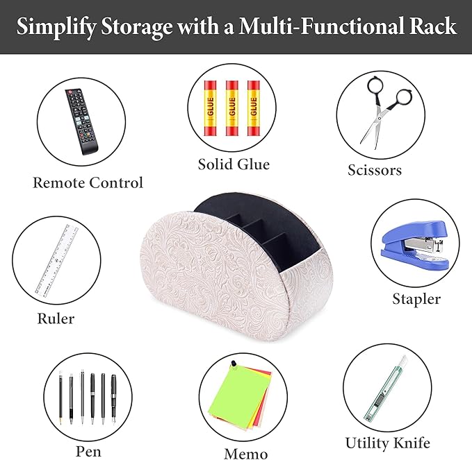 QIELIZI Remote Control Holder, PU Leather Remote Caddy Desktop Organizer with 5 Spacious Compartments for TV Remotes/Media Controllers/Office Supplies (1-Carved3 White