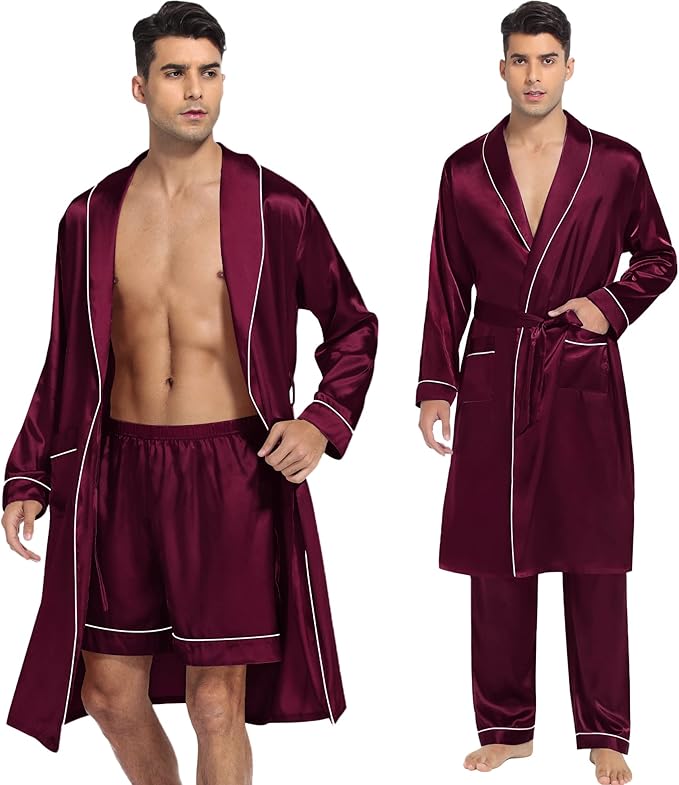 SWOMOG Men's Satin Robe 3 Pcs Silky Kimono Bathrobe Set Lightweight Soft Loungewear Nightwear