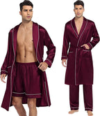 SWOMOG Men's Satin Robe 3 Pcs Silky Kimono Bathrobe Set Lightweight Soft Loungewear Nightwear