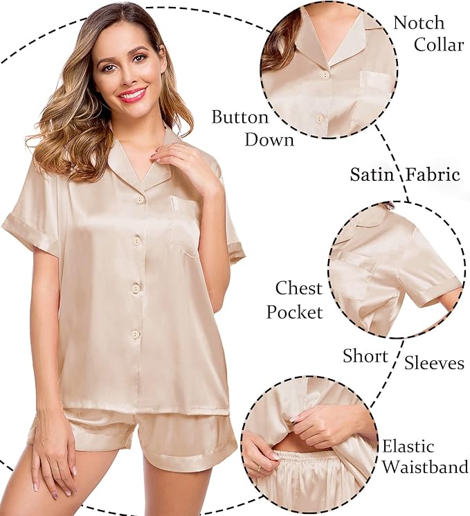 LecGee Womens Silk Satin Pajamas Short Sleeve Loungewear Two-Piece Sleepwear Button-Down Pj Set
