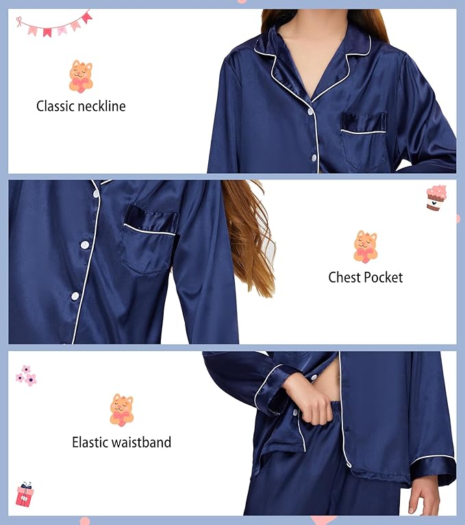 EPLAZA Kids Satin Pajamas Sets Girls Boys Button-Down Silky Pajamas Sleepwear with Hairband Eye Mask Hair Tie