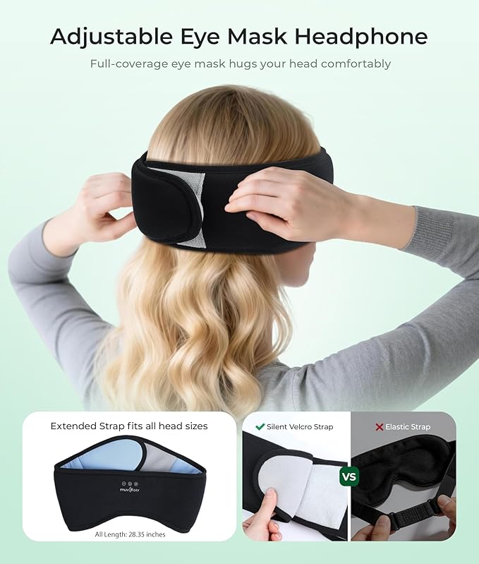 MUSICOZY Sleep Headphones Eye Mask Bluetooth 5.4, Bamboo Cotton Full Coverage Headphones Headband for Side Sleepers, Wireless Earphones with Speaker Sleep Music Earbuds for Men Women (Classic Black)