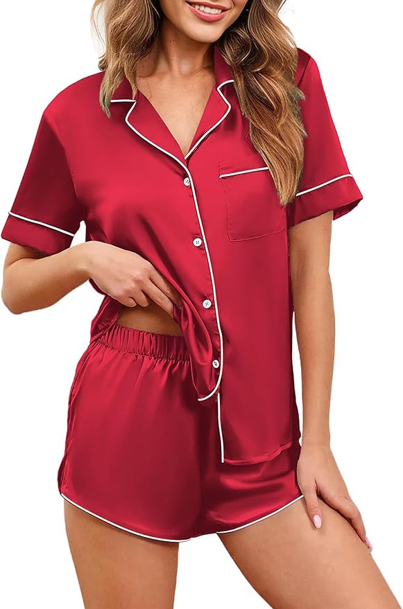 Ekouaer Womens Silk Satin Pajamas Set Short Sleeve Sleepwear Button Down Loungewear 2 Piece Pjs Shorts Set S-5X Plus Size