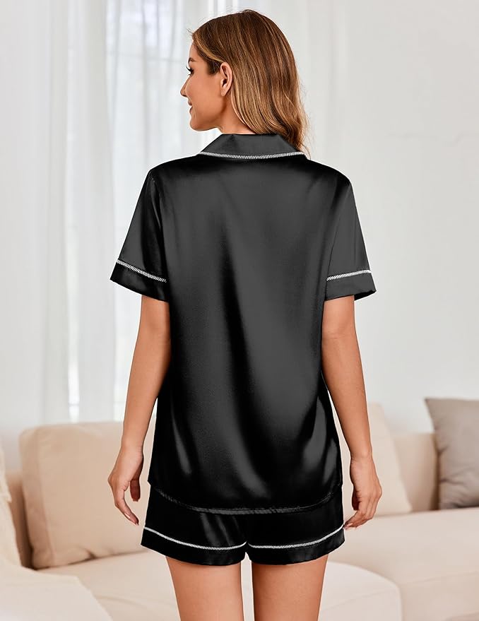 Ekouaer Womens Satin Silk Pajamas Set Short Sleeve Sleepwear Button Down Top and Shorts Loungewear 2 Piece Pjs Set S-XXL
