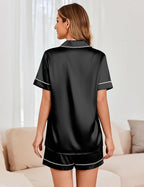 Ekouaer Womens Satin Silk Pajamas Set Short Sleeve Sleepwear Button Down Top and Shorts Loungewear 2 Piece Pjs Set S-XXL