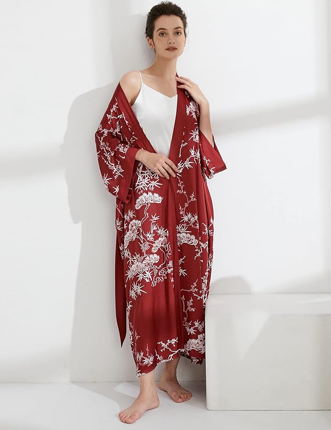 Aensso Long Soft Lightweight Silky Kimonos Robes for Women, Luxury Japanese Floral Womens Kimono Robe