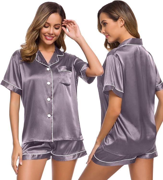 SWOMOG Womens Silk Satin Pajamas Set Short Sleeve Sleepwear Button Down Top and Shorts Loungewear 2 Piece Pjs Set XS-3XL