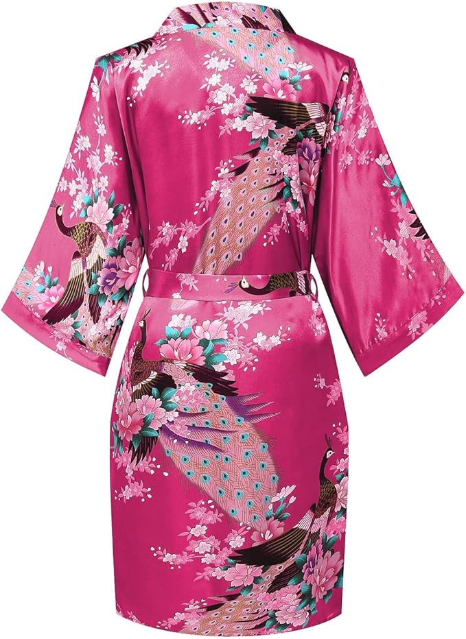Women's Short Kimono Robes Bride and Bridesmaid Satin Floral Bathrobe Peacock Sleepwear Dressing Gown for Wedding Party