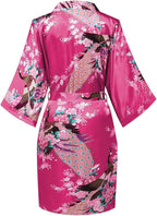 Women's Short Kimono Robes Bride and Bridesmaid Satin Floral Bathrobe Peacock Sleepwear Dressing Gown for Wedding Party