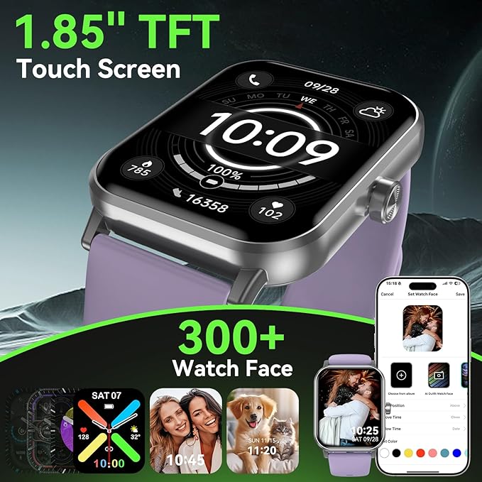 Smart Watch for Men Women, 1.85" HD Fitness Tracker with Bluetooth Calls, 5 ATM Waterproof, 130+ Sport Modes, 24/7 Heart Rate/Sleep Monitor, Pedometer, Calories, Smartwatch for Android iOS (Purple)
