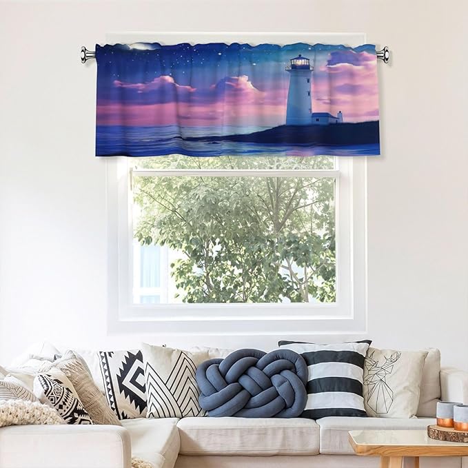 Moonlit Lighthouse Under Starry Night Sky Curtain Valance Peach Skin Velvet Printed Window Valance with Rod Pocket Light Filtering for Kitchen Bathroom 54x18in