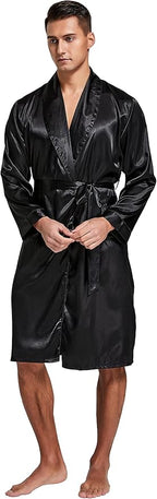 Tony & Candice Men's Satin Robe Lightweight Long Sleeve Silk Kimono Bathrobe with Shorts Set Sleepwear