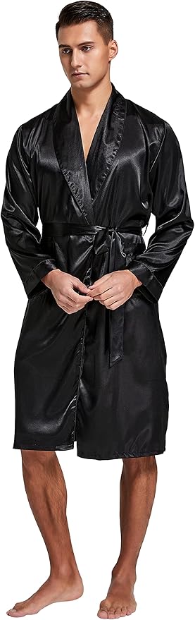 Tony & Candice Men's Satin Robe Lightweight Long Sleeve Silk Kimono Bathrobe with Shorts Set Sleepwear