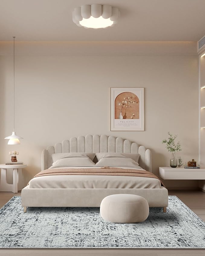CRYPTOLITE Washable Area Rugs 5x7 Vintage Rug Non Slip Low Pile Faux Wool Soft Carpet for Living Room Bedroom Dining Room Farmhouse Bathroom Kids Playroom Grey