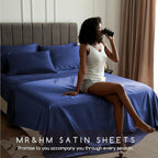 MR&HM Satin Bed Sheets, Queen Size Sheets Set, 6 Pcs Silky Bedding Set with 15 Inches Deep Pocket for Mattress (Queen, Navy Blue)