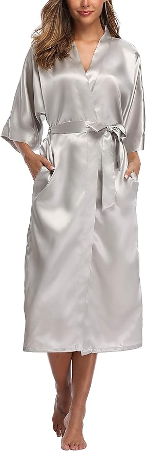 Womens Long Silky Robe Satin Kimono Robes Silk Bathrobe for Wedding Party Full Length Dressing Gown