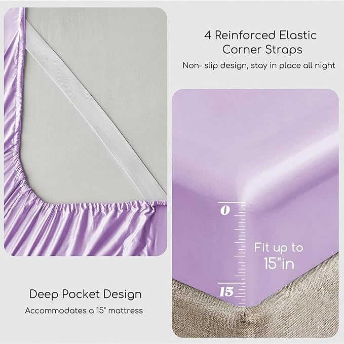 MR&HM Satin Bed Sheets with Elastic Corner Straps, Queen Size Sheets Set, 4 Pcs Silky Bedding Set with 15 Inches Deep Pocket for Mattress (Queen, Lilac)