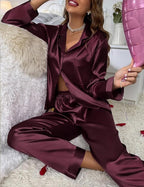 SWOMOG Long Sleeve Pajamas Set Silk Satin Sleepwear Button Down Pjs Loungewear with Pocket
