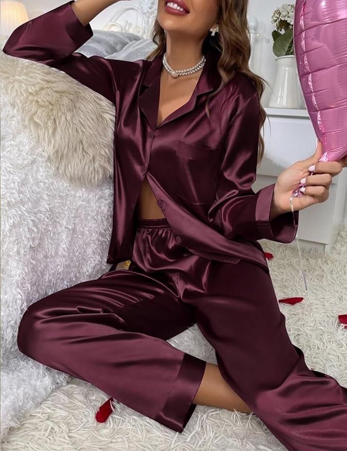 SWOMOG Long Sleeve Pajamas Set Silk Satin Sleepwear Button Down Pjs Loungewear with Pocket